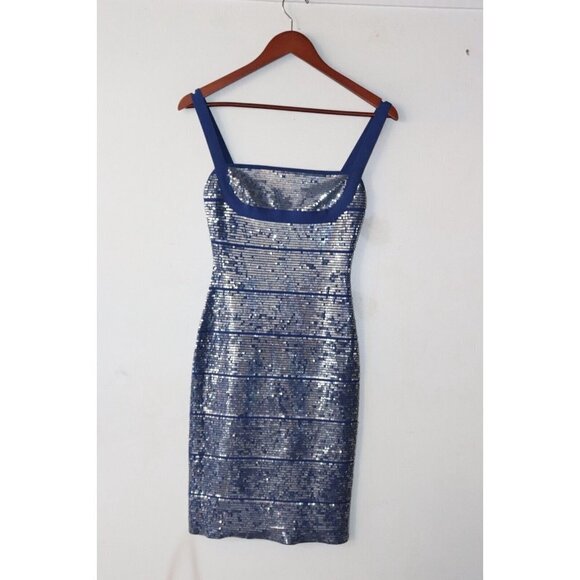 Herve Leger Women's Small Ultramarine Blue Katherine Dress Bodycon Sequin Mini - Picture 5 of 11